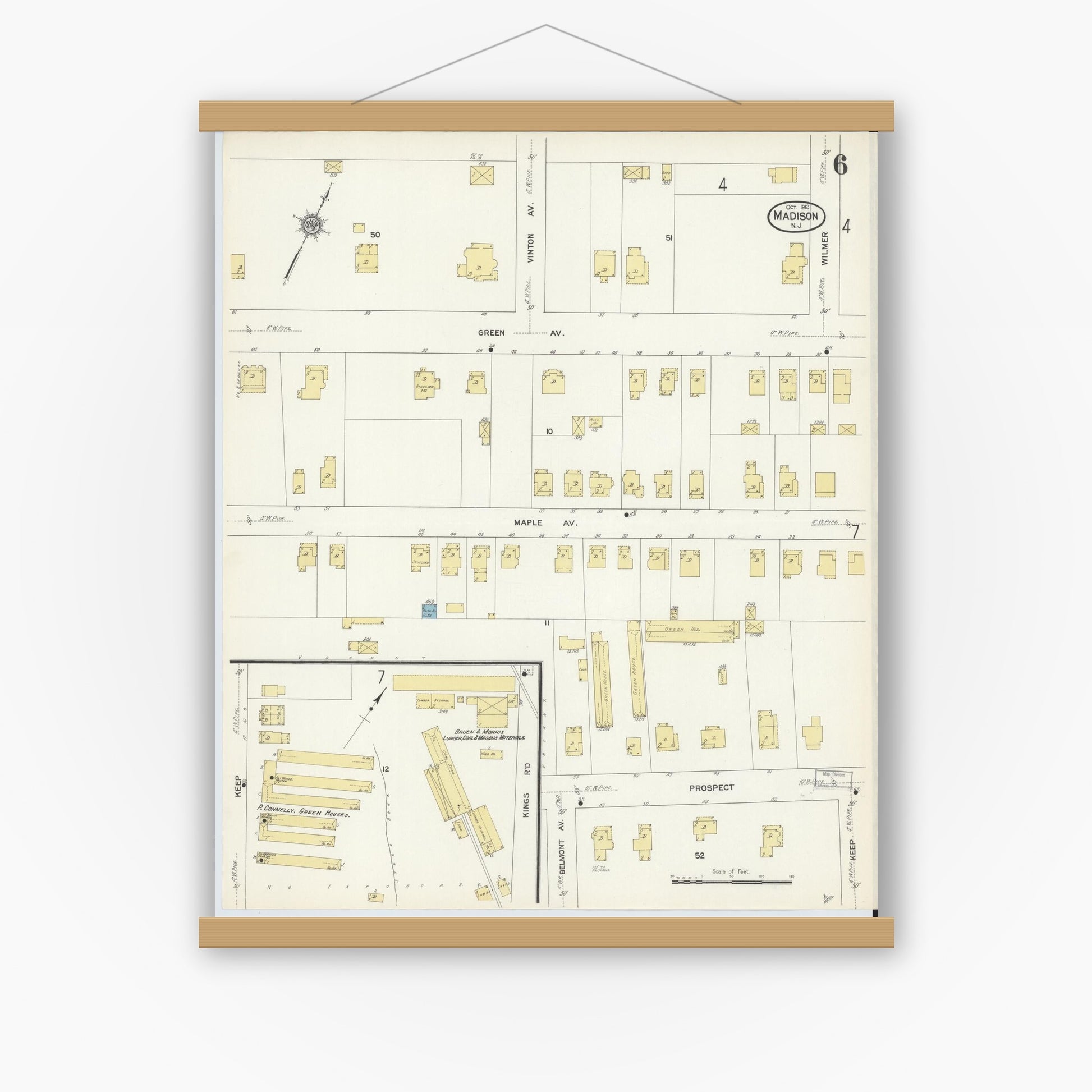 Old map wall art mockup — magnetic wood frame on white wall — Sanborn Fire Insurance Map from Madison, Morris County, New Jersey (1912), Sheet #0006