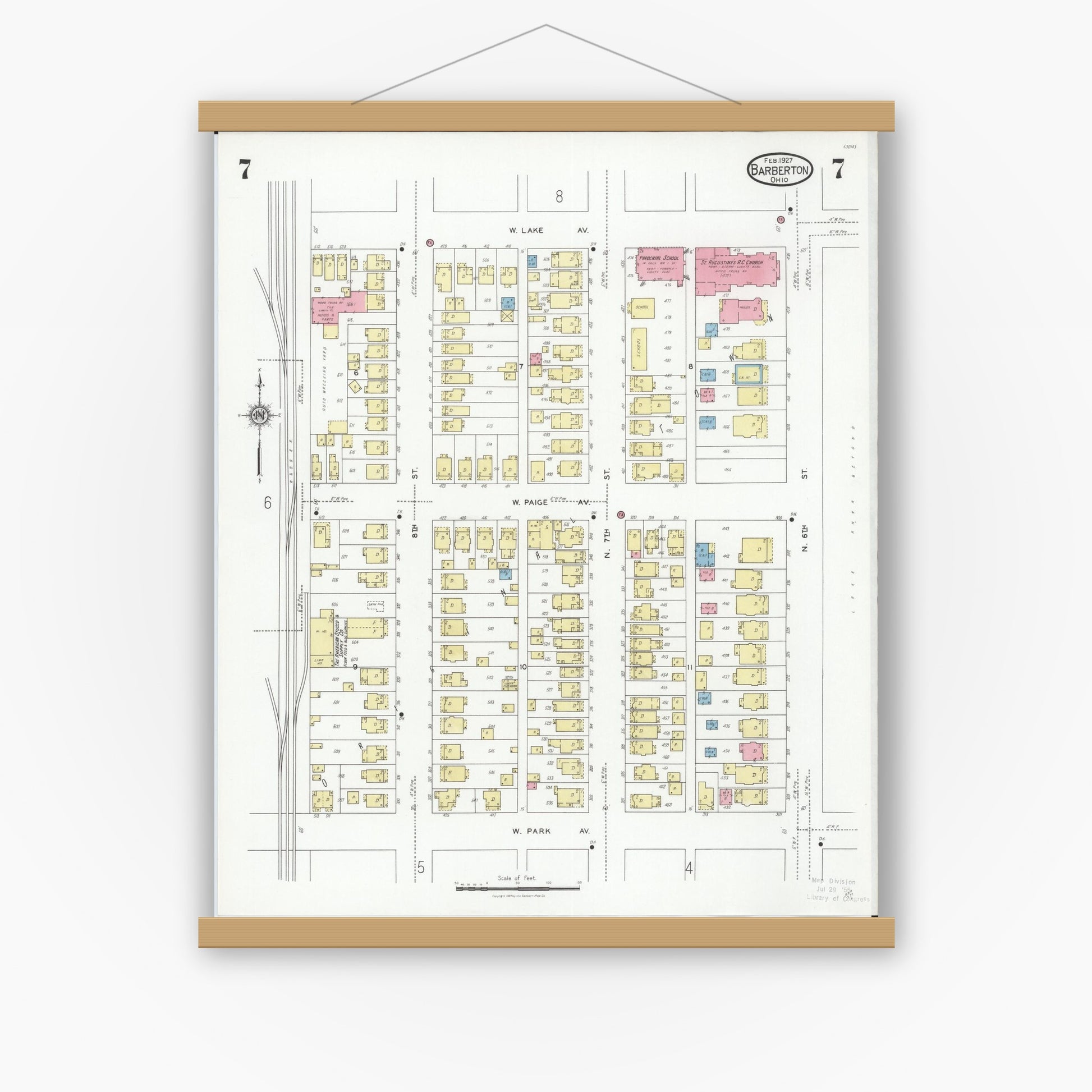 Old map wall art mockup — magnetic wood frame on white wall — Sanborn Fire Insurance Map from Barberton, Summit County, Ohio (1927), Sheet #0007