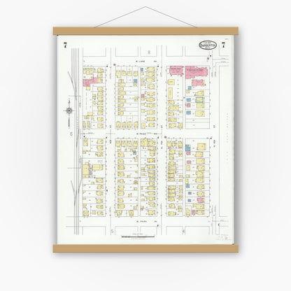 Old map wall art mockup — magnetic wood frame on white wall — Sanborn Fire Insurance Map from Barberton, Summit County, Ohio (1927), Sheet #0007