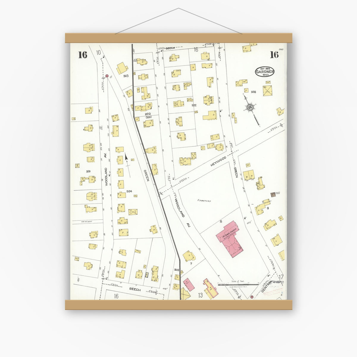 Old map wall art mockup — magnetic wood frame on white wall — Sanborn Fire Insurance Map from Gardner, Worcester County, Massachusetts (1923), Sheet #0016