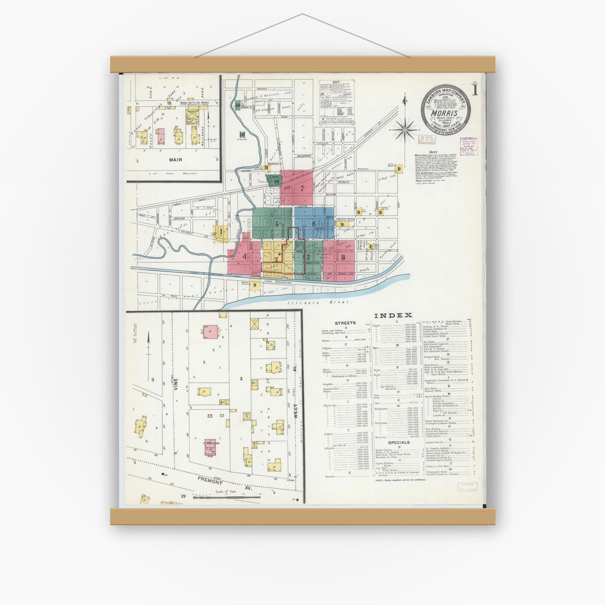 Old map wall art mockup — magnetic wood frame on white wall — Sanborn Fire Insurance Map from Morris, Grundy County, Illinois (1907), Sheet #0001