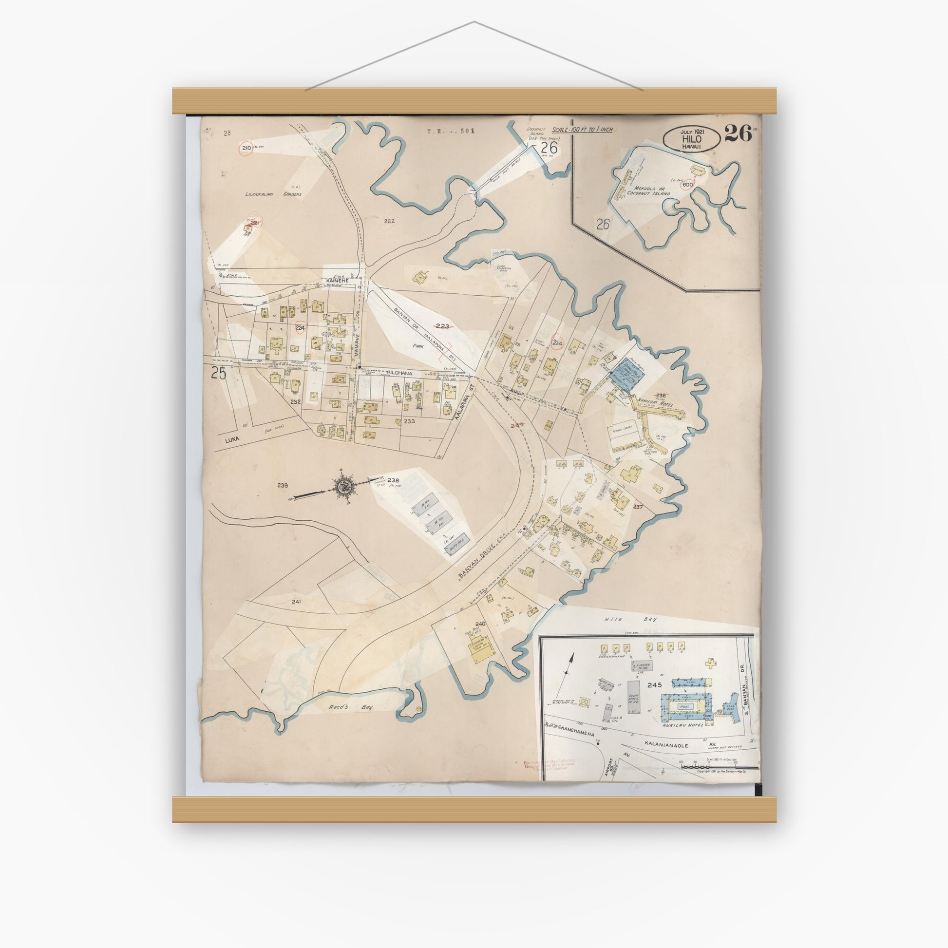 Old map wall art mockup — magnetic wood frame on white wall — Sanborn Fire Insurance Map from Hilo, Hawaii County, Hawaii (1957), Sheet #0026