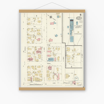 Old map wall art mockup — magnetic wood frame on white wall — Sanborn Fire Insurance Map from Delphi, Carroll County, Indiana (1912), Sheet #0008