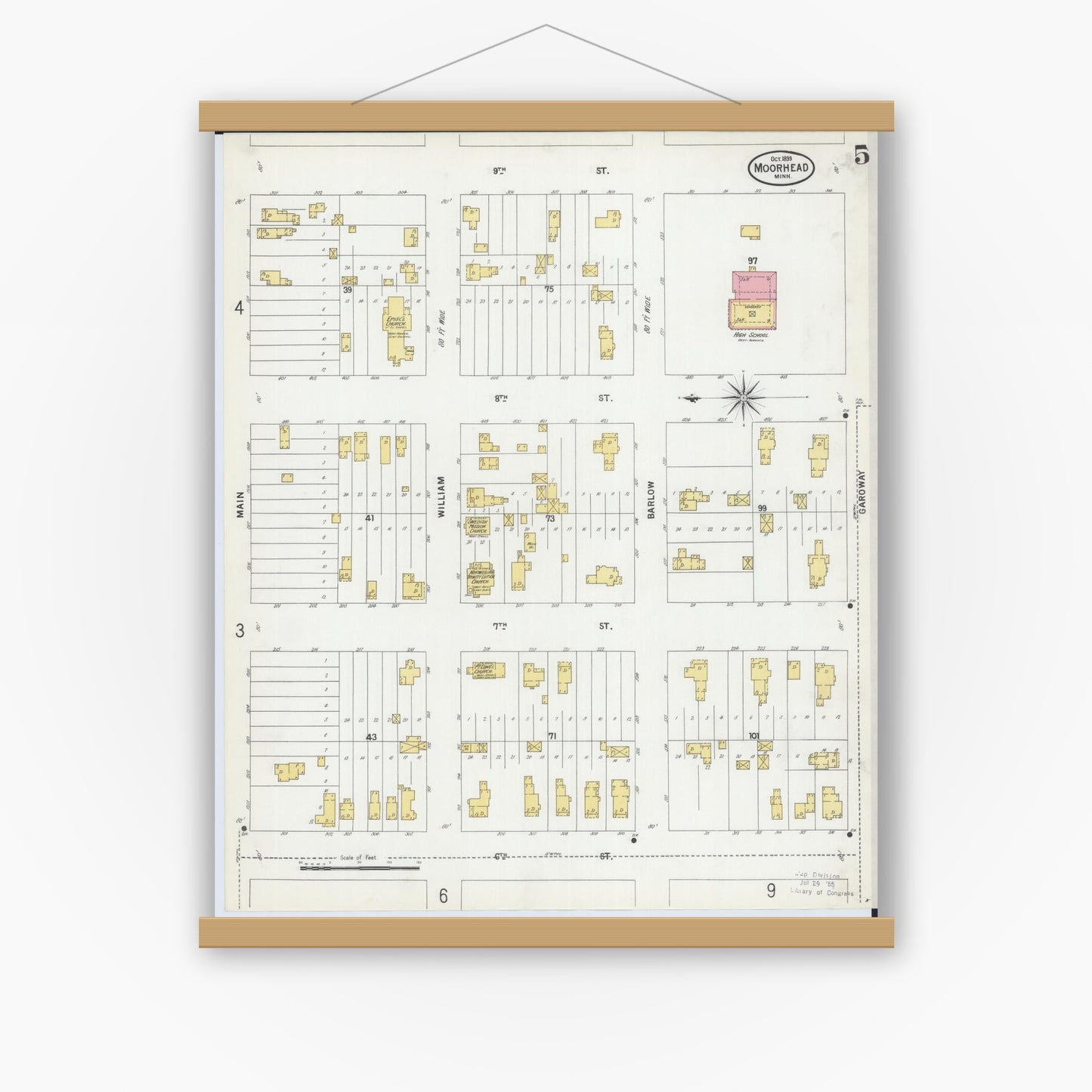 Old map wall art mockup — magnetic wood frame on white wall — Sanborn Fire Insurance Map from Moorhead, Clay County, Minnesota (1899), Sheet #0005