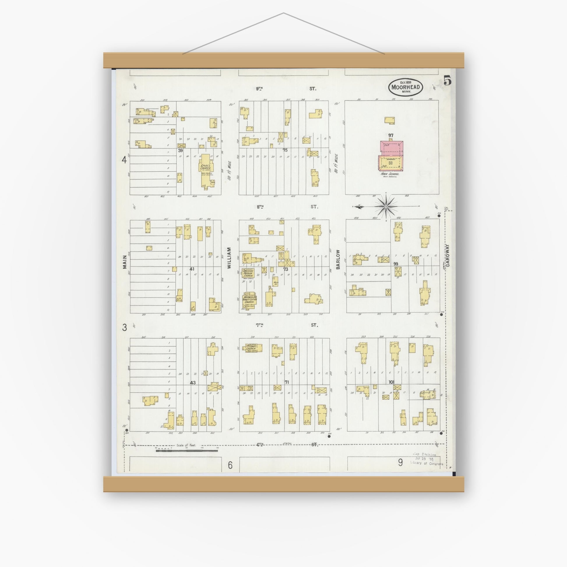 Old map wall art mockup — magnetic wood frame on white wall — Sanborn Fire Insurance Map from Moorhead, Clay County, Minnesota (1899), Sheet #0005