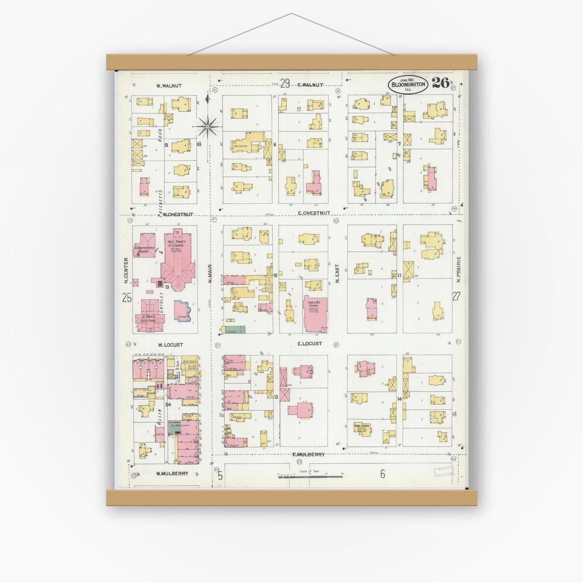 Old map wall art mockup — magnetic wood frame on white wall — Sanborn Fire Insurance Map from Bloomington, McLean County, Illinois (1901), Sheet #0026