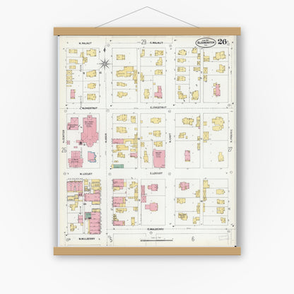 Old map wall art mockup — magnetic wood frame on white wall — Sanborn Fire Insurance Map from Bloomington, McLean County, Illinois (1901), Sheet #0026