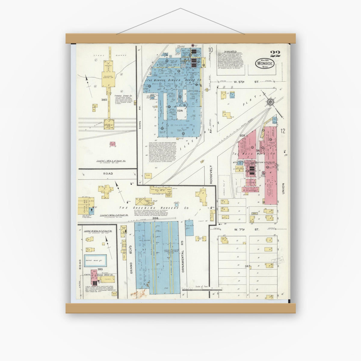 Old map wall art mockup — magnetic wood frame on white wall — Sanborn Fire Insurance Map from Monroe, Monroe County, Michigan (1916), Sheet #0022