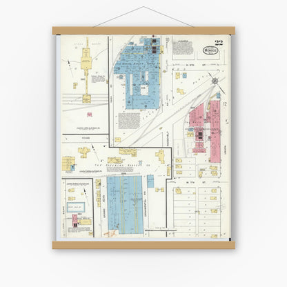 Old map wall art mockup — magnetic wood frame on white wall — Sanborn Fire Insurance Map from Monroe, Monroe County, Michigan (1916), Sheet #0022