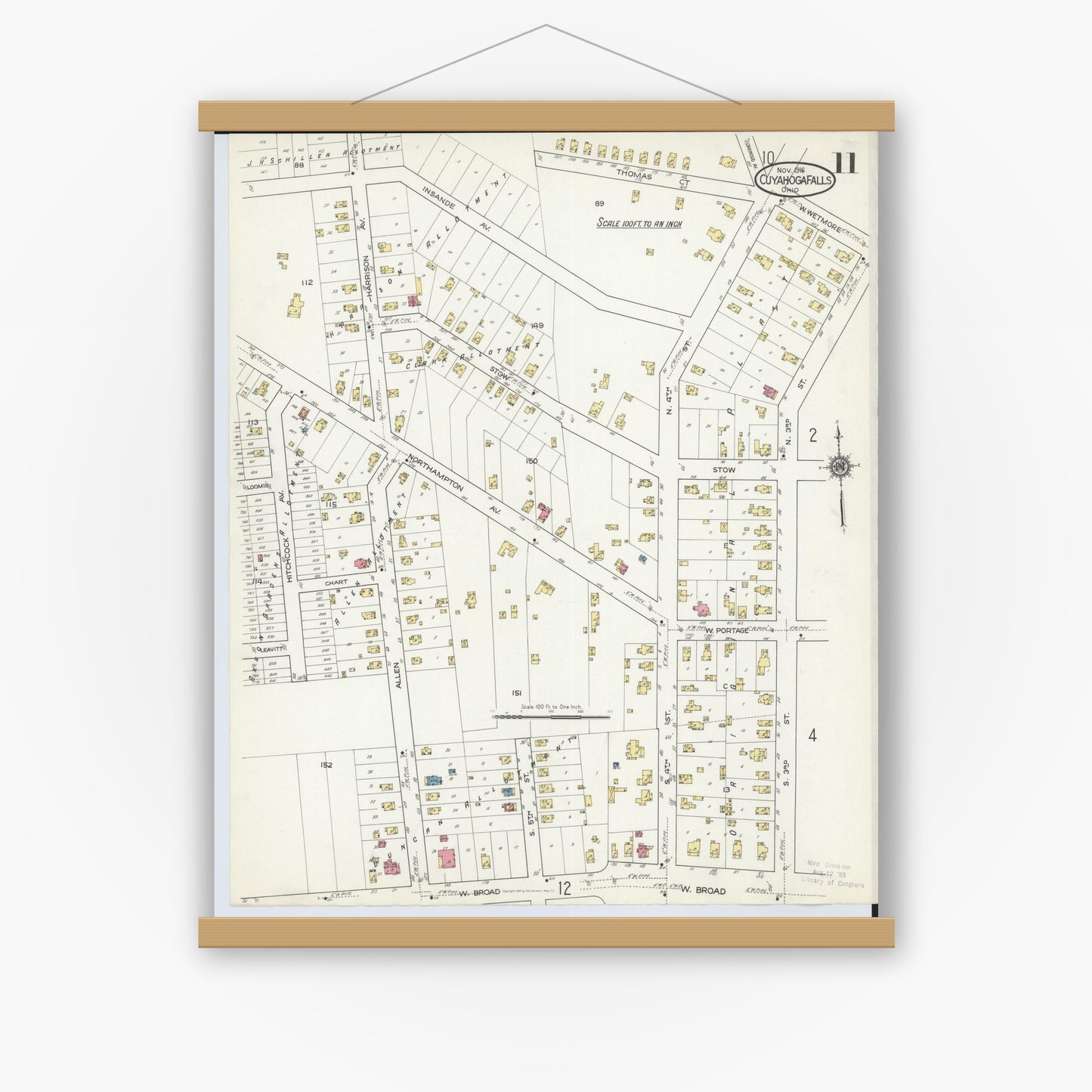 Old map wall art mockup — magnetic wood frame on white wall — Sanborn Fire Insurance Map from Cuyahoga Falls, Summit County, Ohio (1916), Sheet #0011