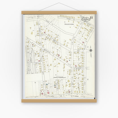 Old map wall art mockup — magnetic wood frame on white wall — Sanborn Fire Insurance Map from Cuyahoga Falls, Summit County, Ohio (1916), Sheet #0011