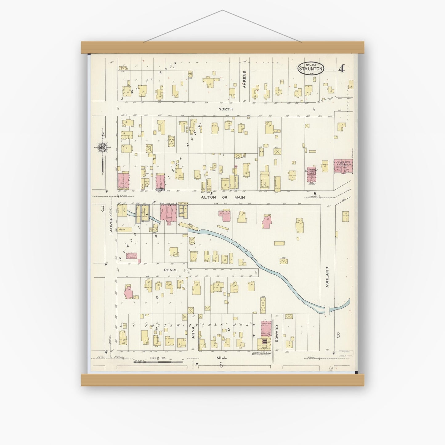 Old map wall art mockup — magnetic wood frame on white wall — Sanborn Fire Insurance Map from Staunton, Macoupin County, Illinois (1913), Sheet #0004