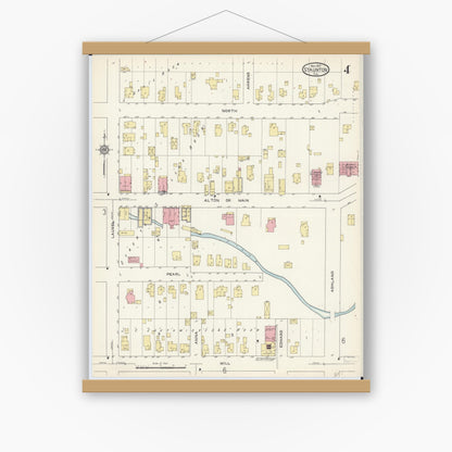 Old map wall art mockup — magnetic wood frame on white wall — Sanborn Fire Insurance Map from Staunton, Macoupin County, Illinois (1913), Sheet #0004