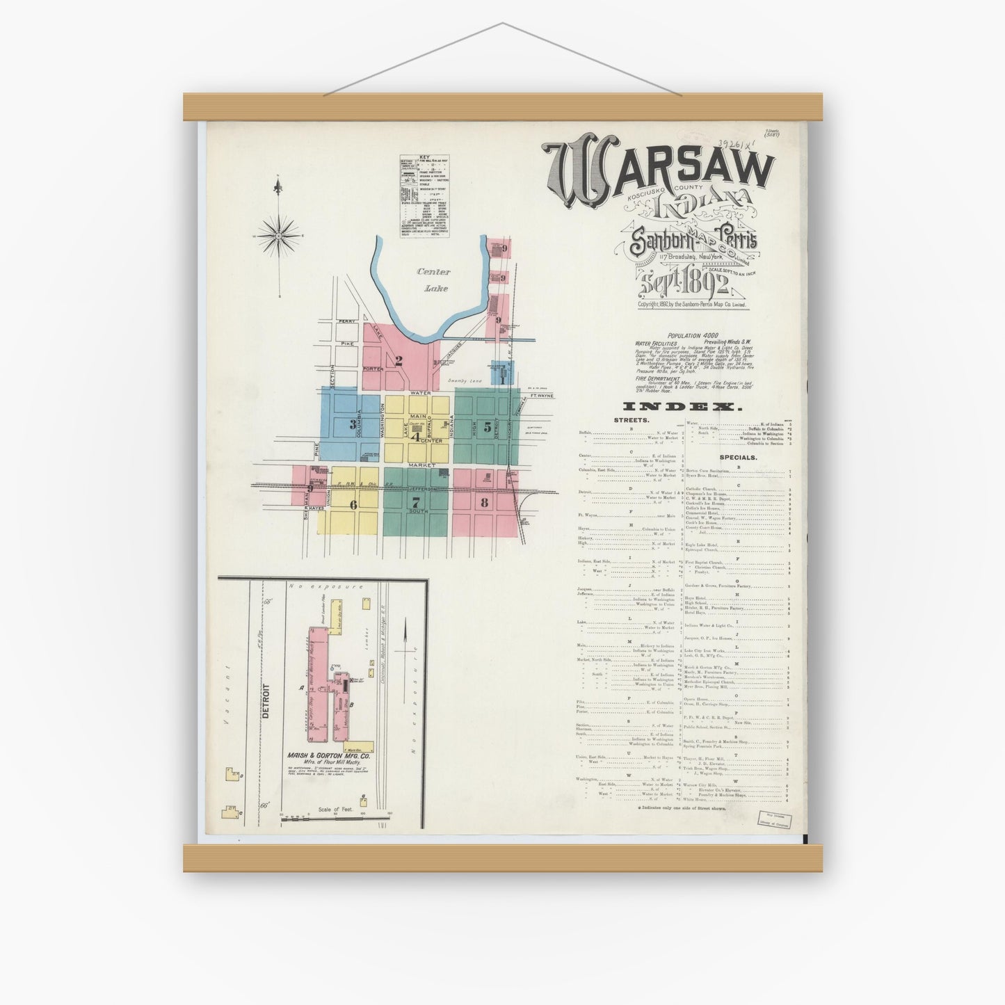 Old map wall art mockup — magnetic wood frame on white wall — Sanborn Fire Insurance Map from Warsaw, Kosciusko County, Indiana (1892) - Complete Map Set