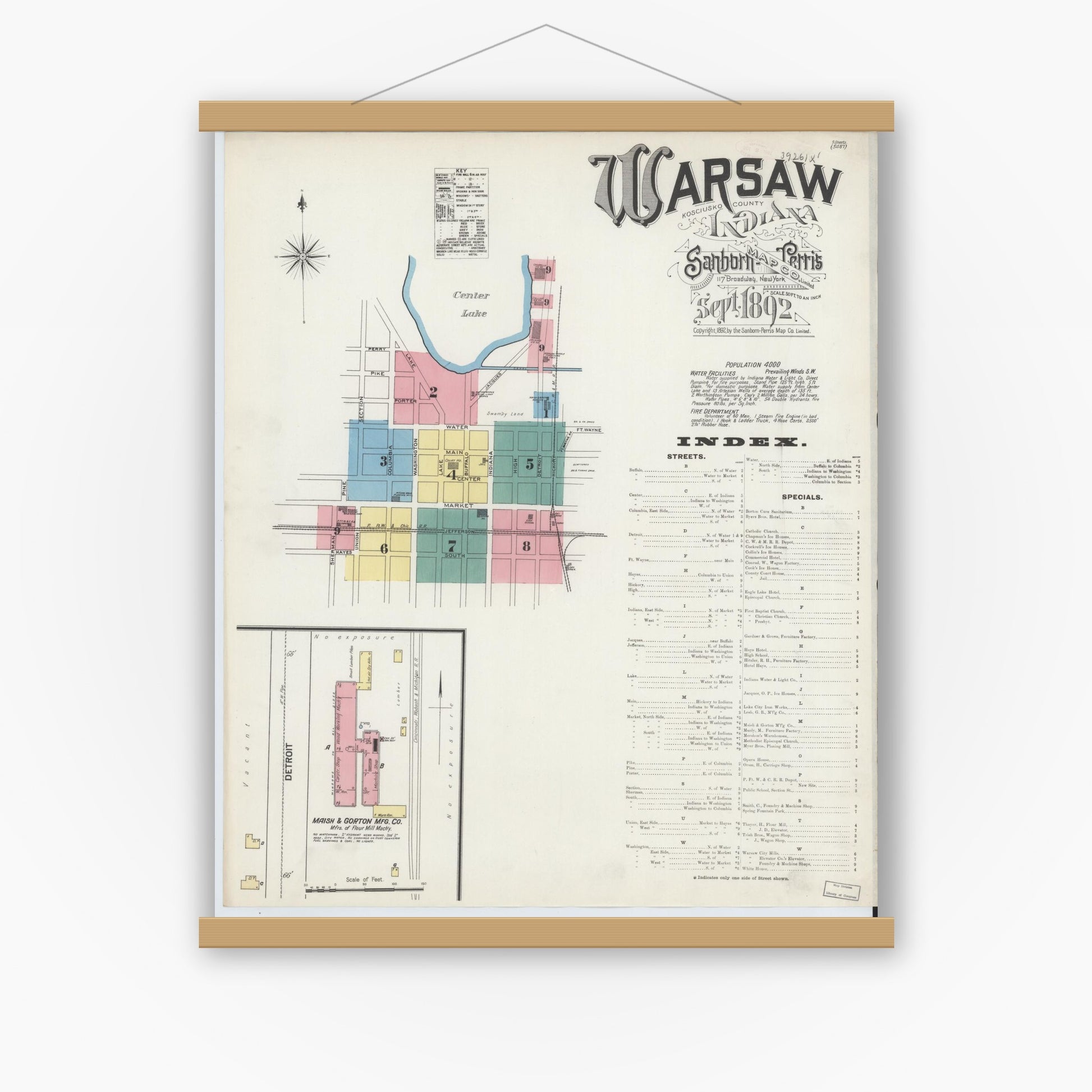 Old map wall art mockup — magnetic wood frame on white wall — Sanborn Fire Insurance Map from Warsaw, Kosciusko County, Indiana (1892) - Complete Map Set