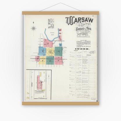 Old map wall art mockup — magnetic wood frame on white wall — Sanborn Fire Insurance Map from Warsaw, Kosciusko County, Indiana (1892) - Complete Map Set