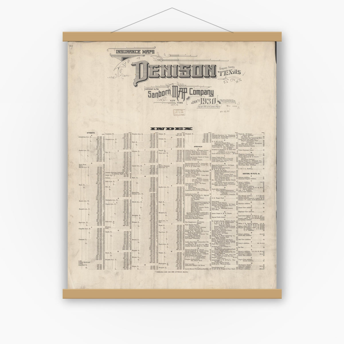 Old map wall art mockup — magnetic wood frame on white wall — Sanborn Fire Insurance Map from Denison, Grayson County, Texas (1930), Sheet #0001
