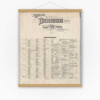 Old map wall art mockup — magnetic wood frame on white wall — Sanborn Fire Insurance Map from Denison, Grayson County, Texas (1930), Sheet #0001