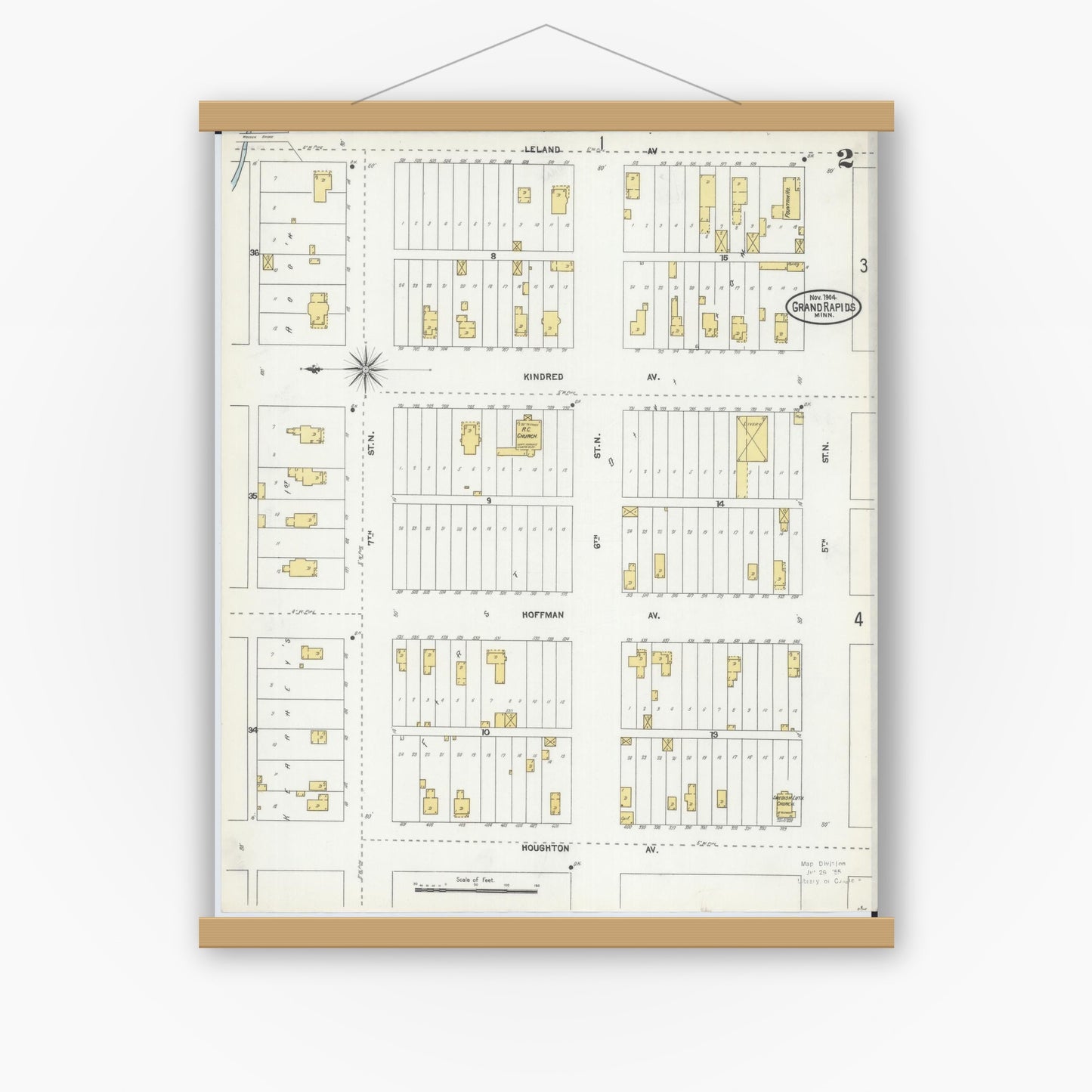 Old map wall art mockup — magnetic wood frame on white wall — Sanborn Fire Insurance Map from Grand Rapids, Itasca County, Minnesota (1904), Sheet #0002