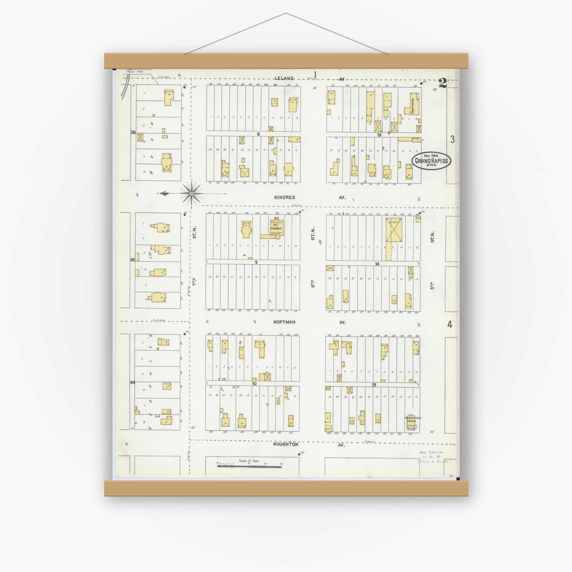 Old map wall art mockup — magnetic wood frame on white wall — Sanborn Fire Insurance Map from Grand Rapids, Itasca County, Minnesota (1904), Sheet #0002