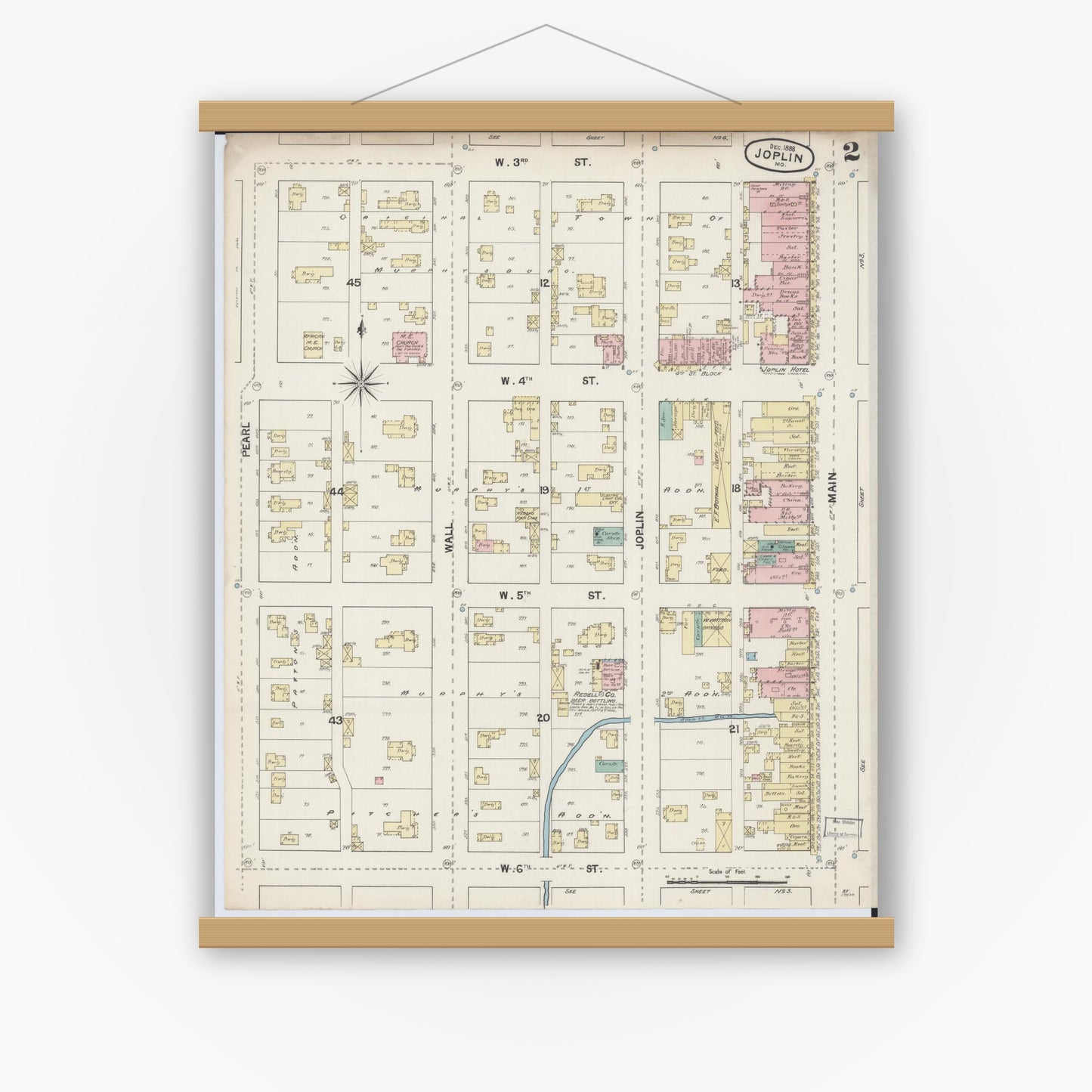Old map wall art mockup — magnetic wood frame on white wall — Sanborn Fire Insurance Map from Joplin, Jasper County, Missouri (1888), Sheet #0002