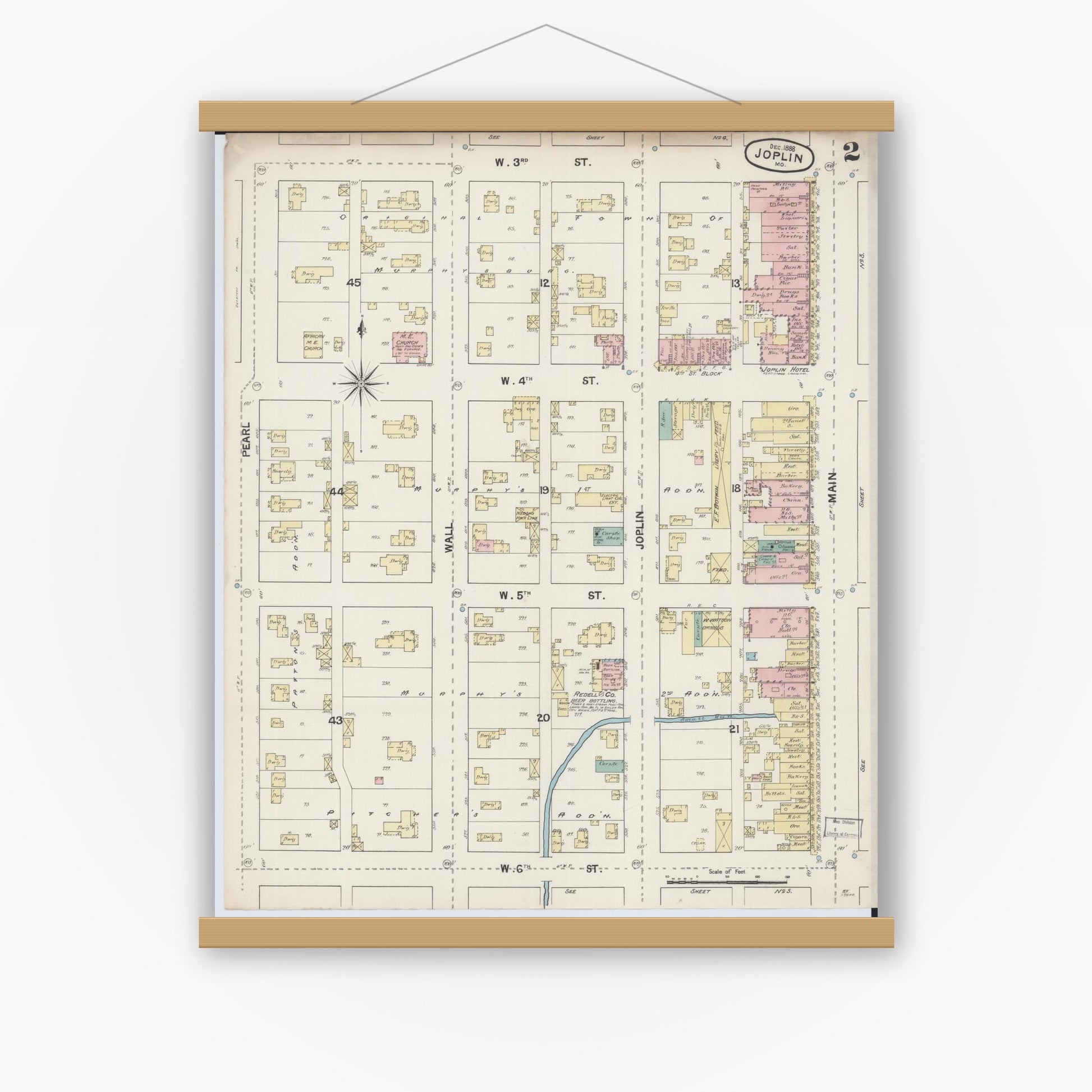 Old map wall art mockup — magnetic wood frame on white wall — Sanborn Fire Insurance Map from Joplin, Jasper County, Missouri (1888), Sheet #0002