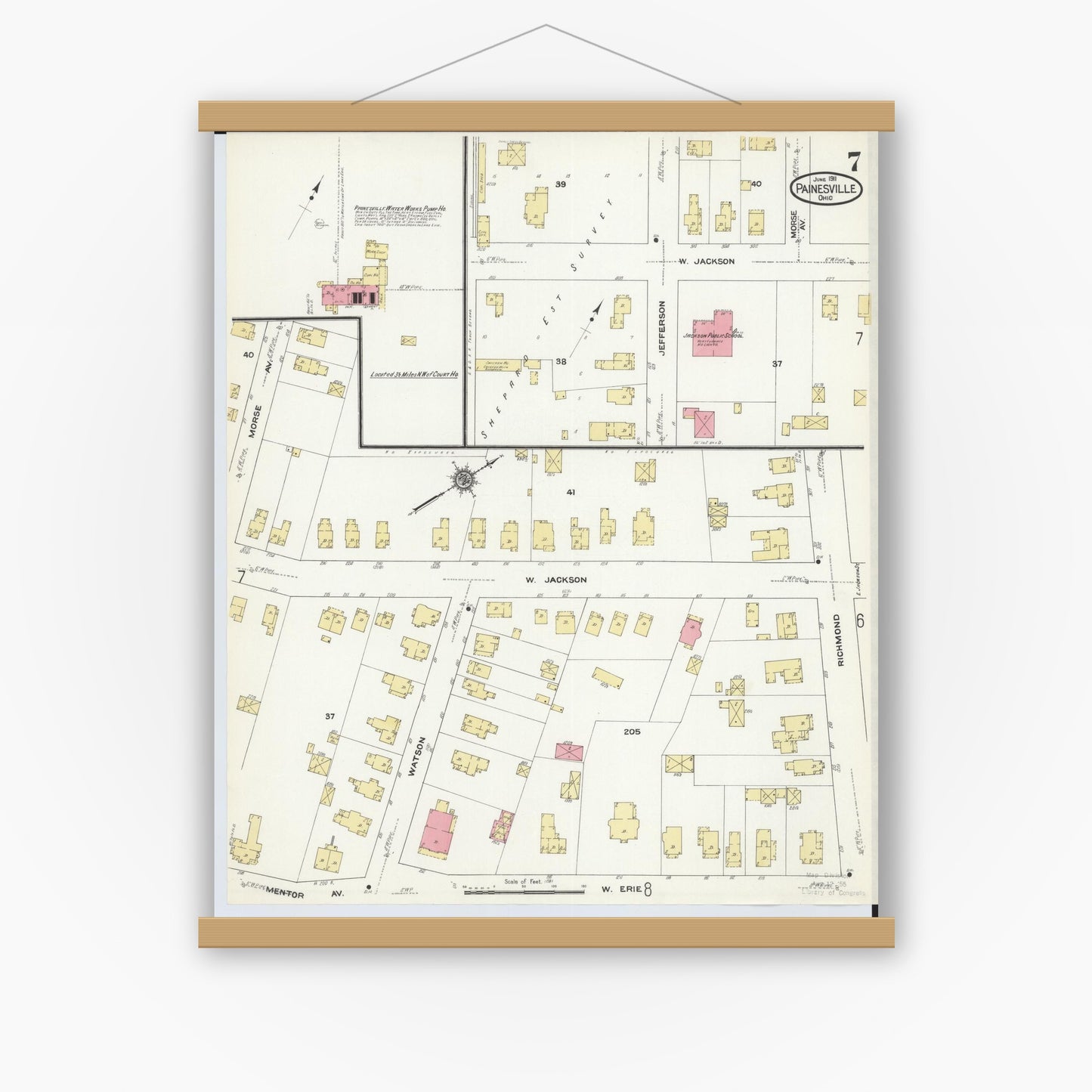 Old map wall art mockup — magnetic wood frame on white wall — Sanborn Fire Insurance Map from Painesville, Lake County, Ohio (1911), Sheet #0007