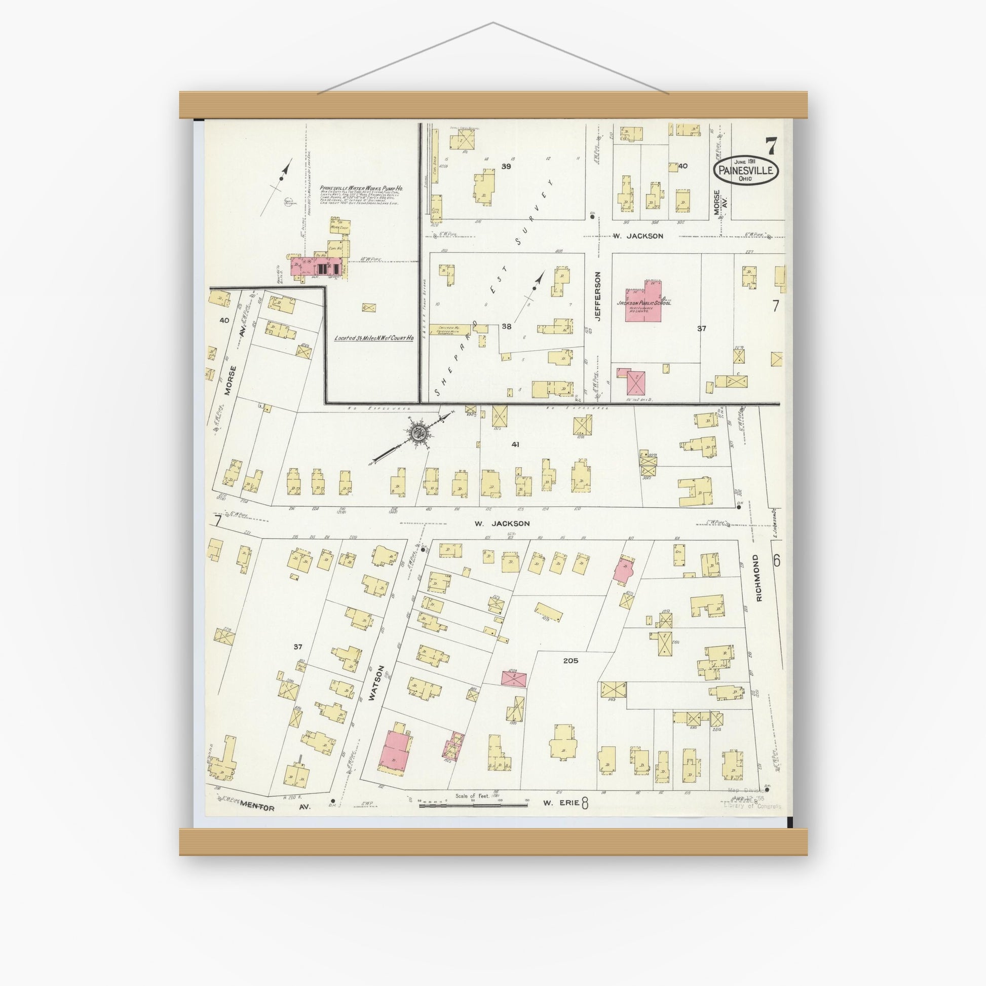 Old map wall art mockup — magnetic wood frame on white wall — Sanborn Fire Insurance Map from Painesville, Lake County, Ohio (1911), Sheet #0007