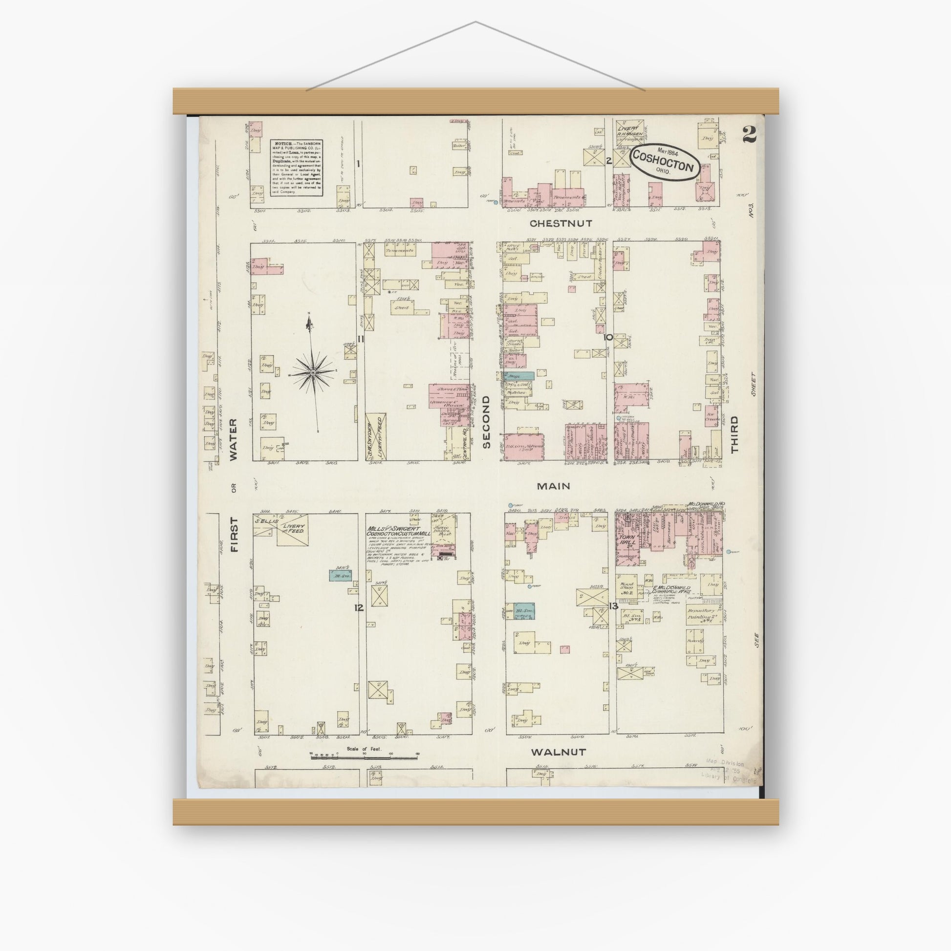 Old map wall art mockup — magnetic wood frame on white wall — Sanborn Fire Insurance Map from Coshocton, Coshocton County, Ohio (1884), Sheet #0002