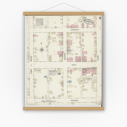 Old map wall art mockup — magnetic wood frame on white wall — Sanborn Fire Insurance Map from Coshocton, Coshocton County, Ohio (1884), Sheet #0002
