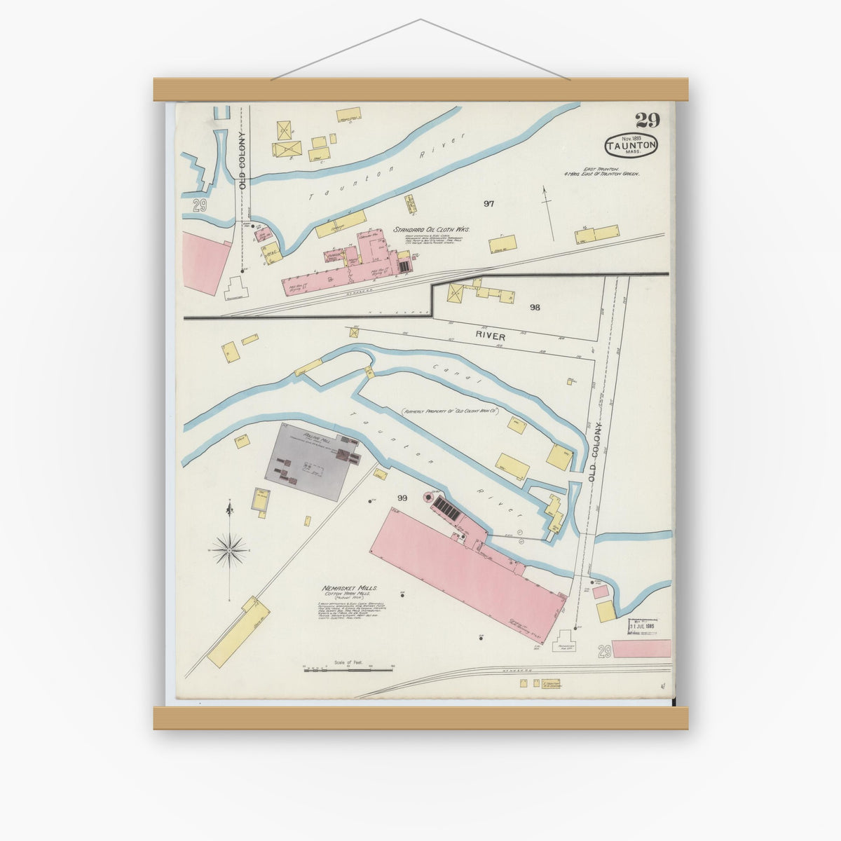 Old map wall art mockup — magnetic wood frame on white wall — Sanborn Fire Insurance Map from Taunton, Bristol County, Massachusetts (1893), Sheet #0029