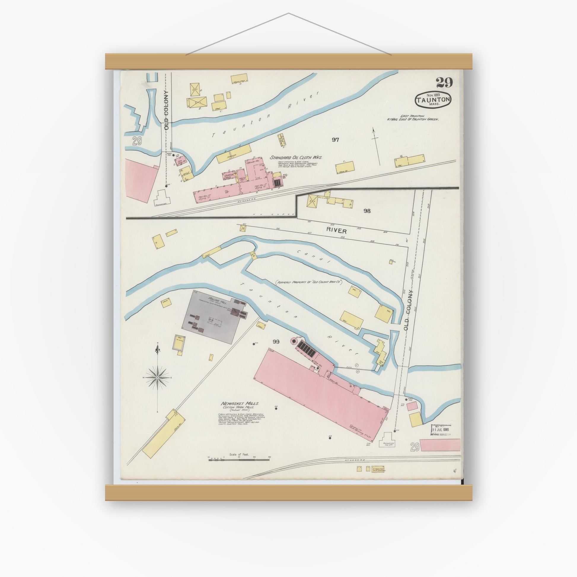 Old map wall art mockup — magnetic wood frame on white wall — Sanborn Fire Insurance Map from Taunton, Bristol County, Massachusetts (1893), Sheet #0029