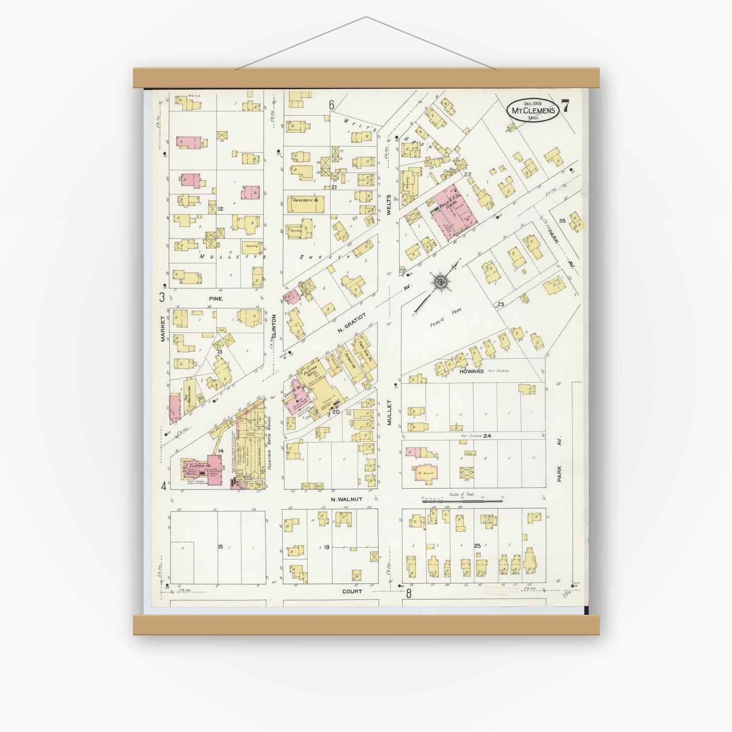 Old map wall art mockup — magnetic wood frame on white wall — Sanborn Fire Insurance Map from Mount Clemens, Macomb County, Michigan (1909), Sheet #0007