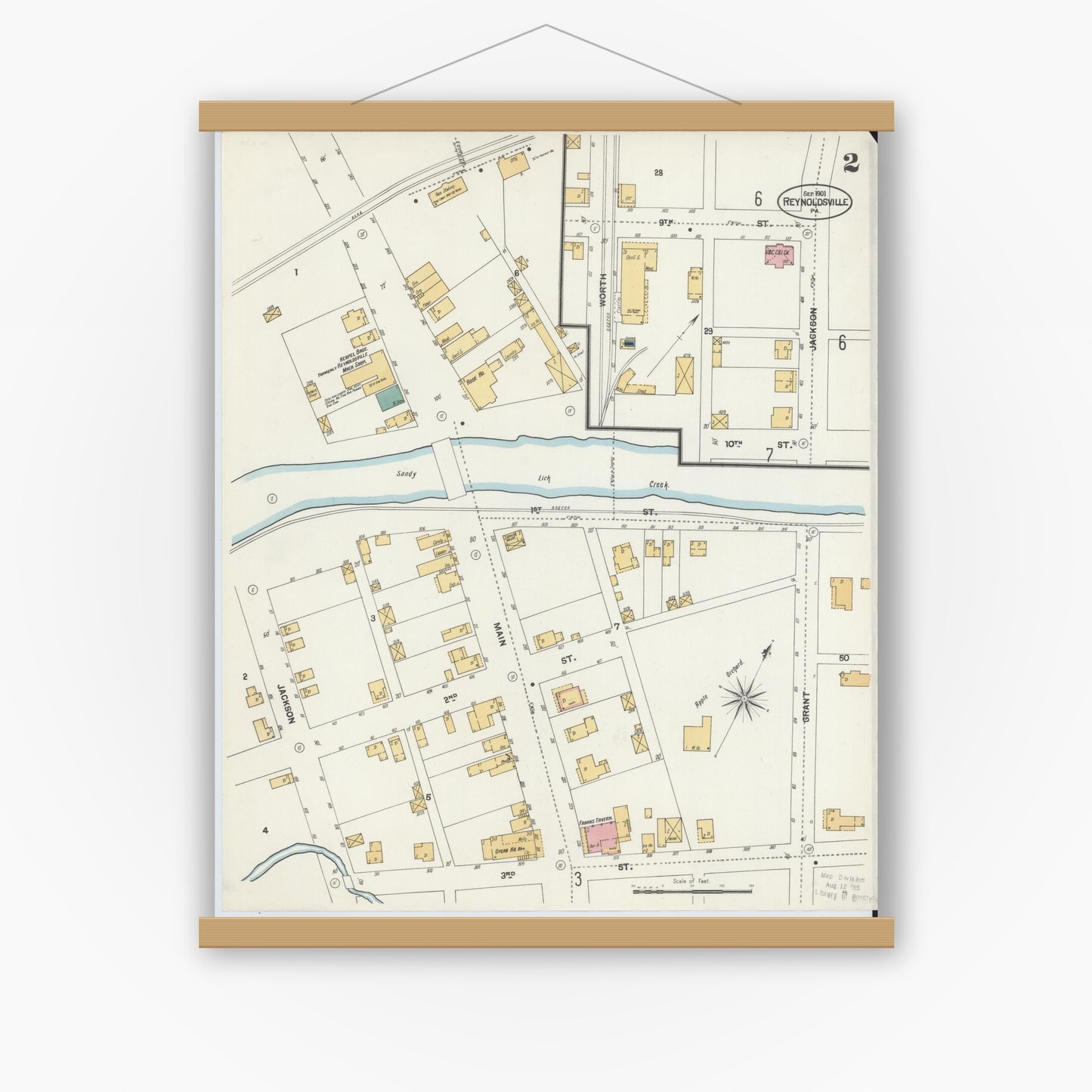 Old map wall art mockup — magnetic wood frame on white wall — Sanborn Fire Insurance Map from Reynoldsville, Jefferson County, Pennsylvania (1901), Sheet #0002