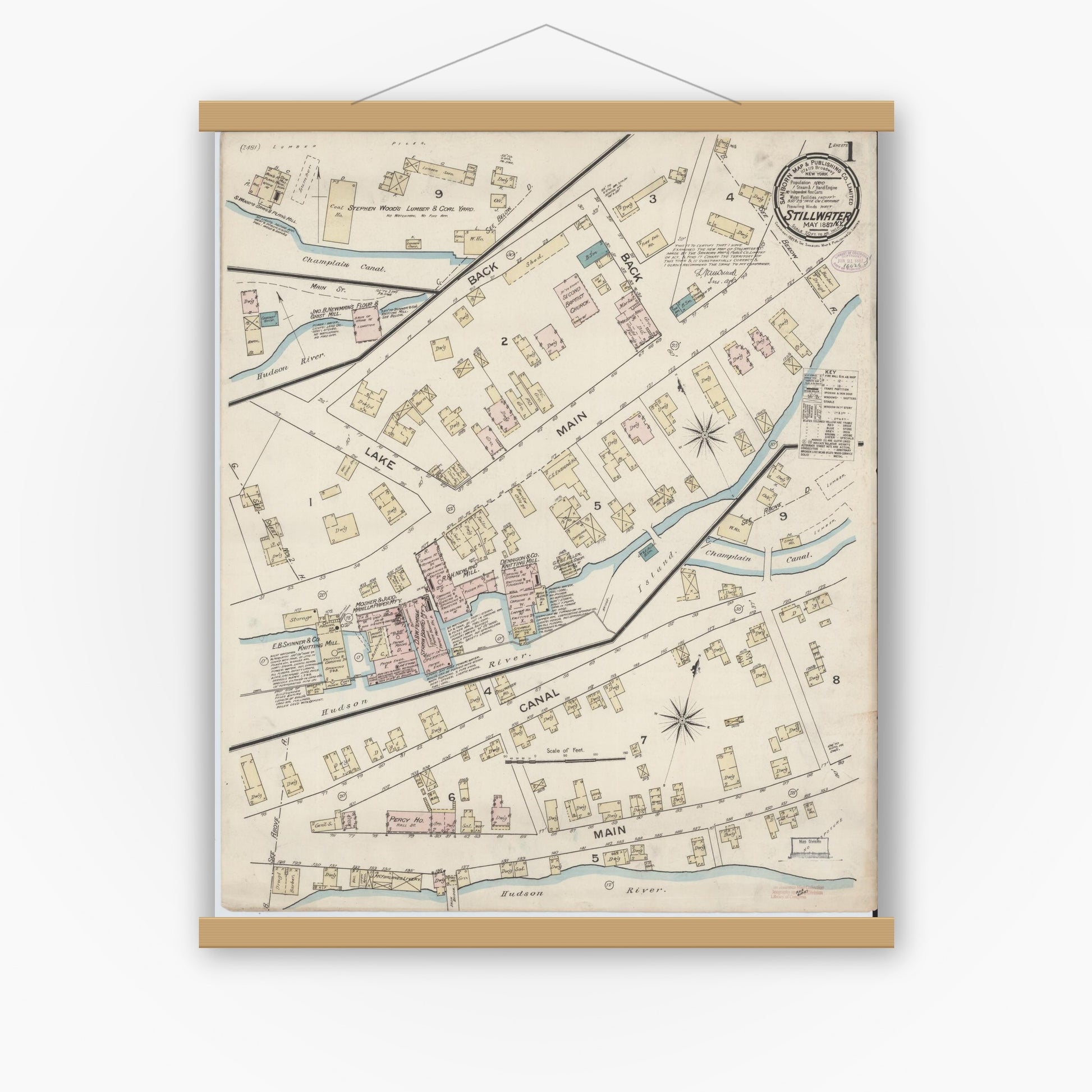 Old map wall art mockup — magnetic wood frame on white wall — Sanborn Fire Insurance Map from Stillwater, Saratoga County, New York (1887) - Complete Map Set