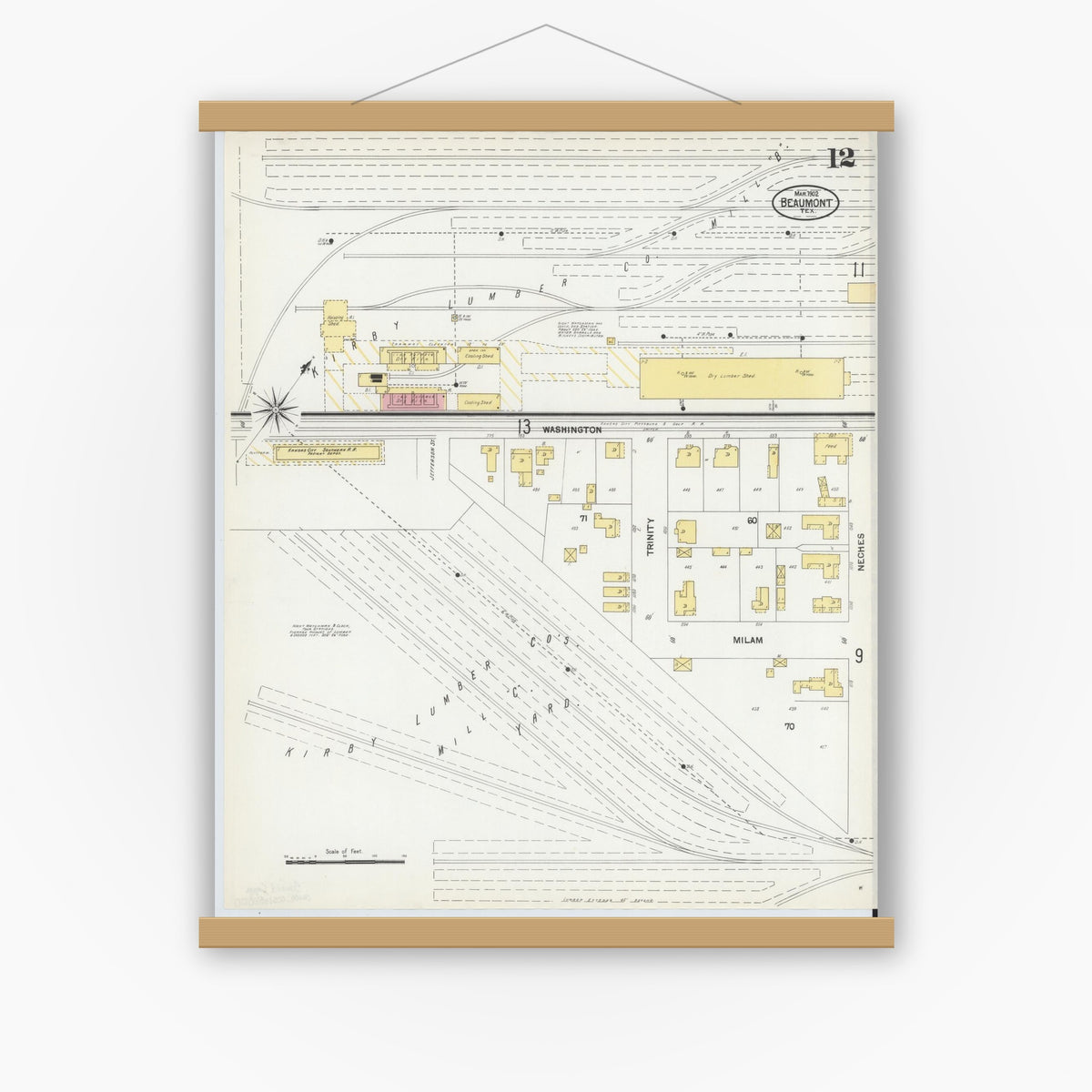 Old map wall art mockup — magnetic wood frame on white wall — Sanborn Fire Insurance Map from Beaumont, Jefferson County, Texas (1902), Sheet #0012