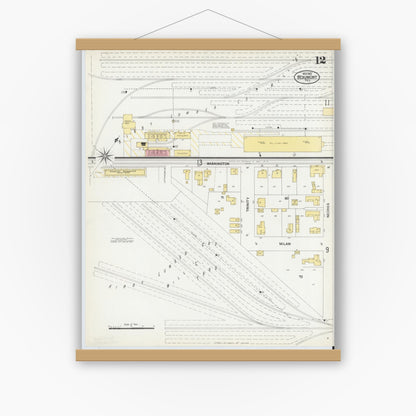 Old map wall art mockup — magnetic wood frame on white wall — Sanborn Fire Insurance Map from Beaumont, Jefferson County, Texas (1902), Sheet #0012