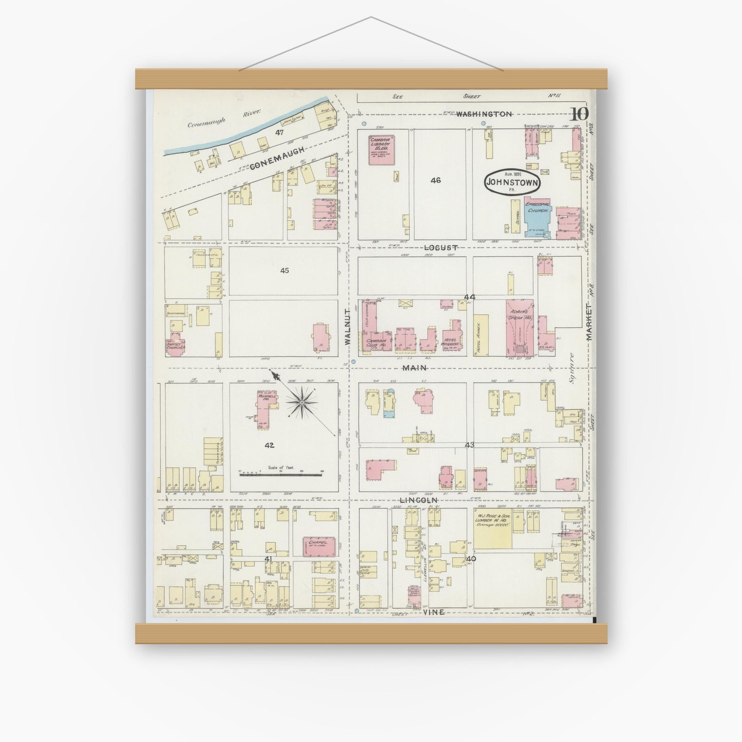 Old map wall art mockup — magnetic wood frame on white wall — Sanborn Fire Insurance Map from Johnstown, Cambria County, Pennsylvania (1891), Sheet #0010