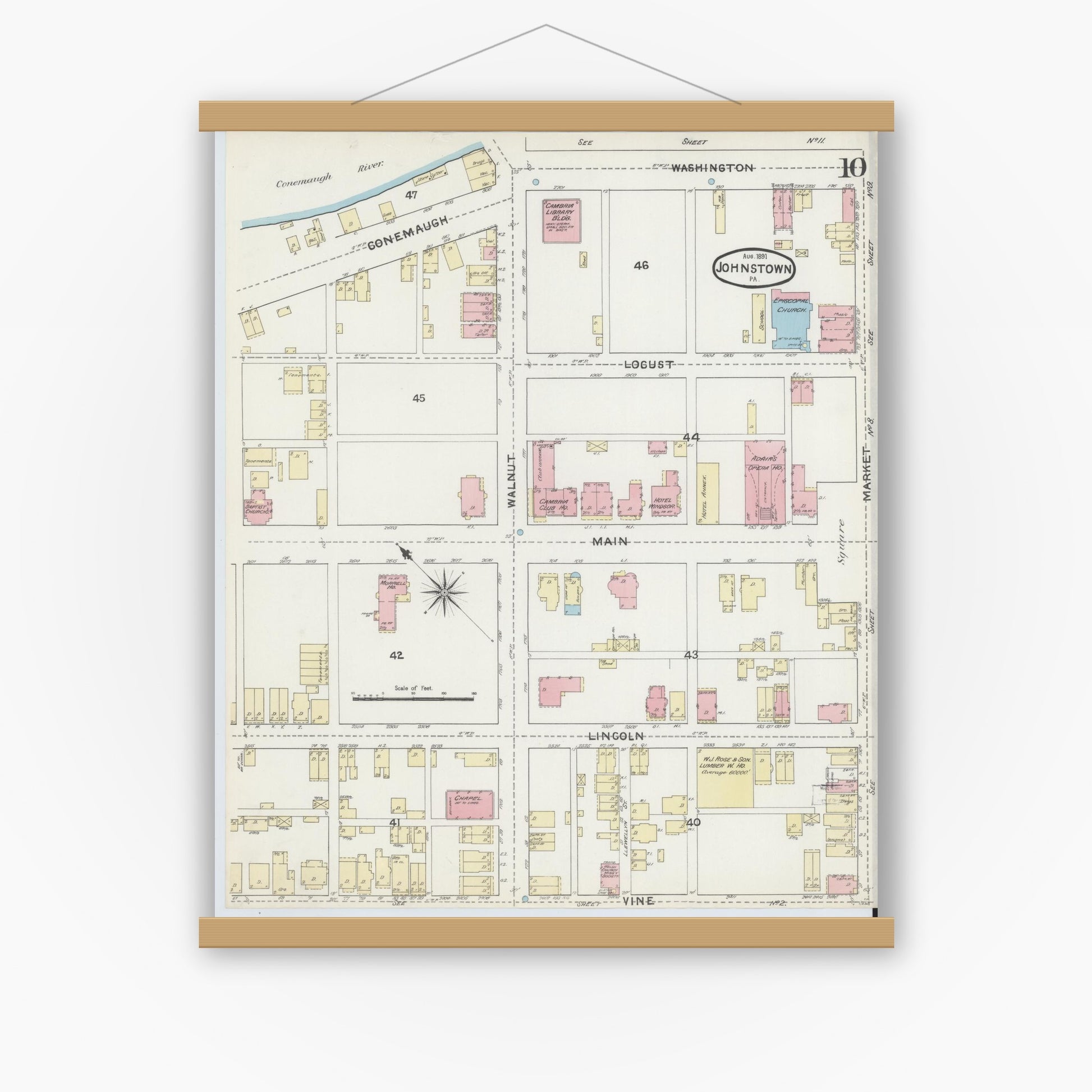 Old map wall art mockup — magnetic wood frame on white wall — Sanborn Fire Insurance Map from Johnstown, Cambria County, Pennsylvania (1891), Sheet #0010