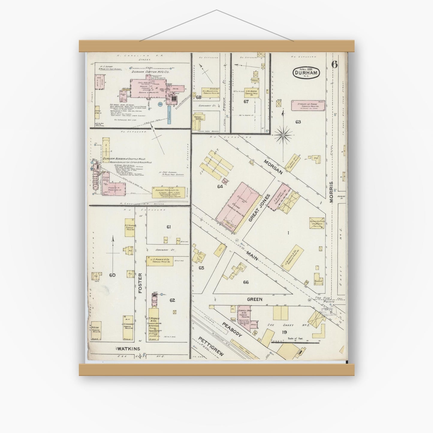 Old map wall art mockup — magnetic wood frame on white wall — Sanborn Fire Insurance Map from Durham, Durham County, North Carolina (1888), Sheet #0006