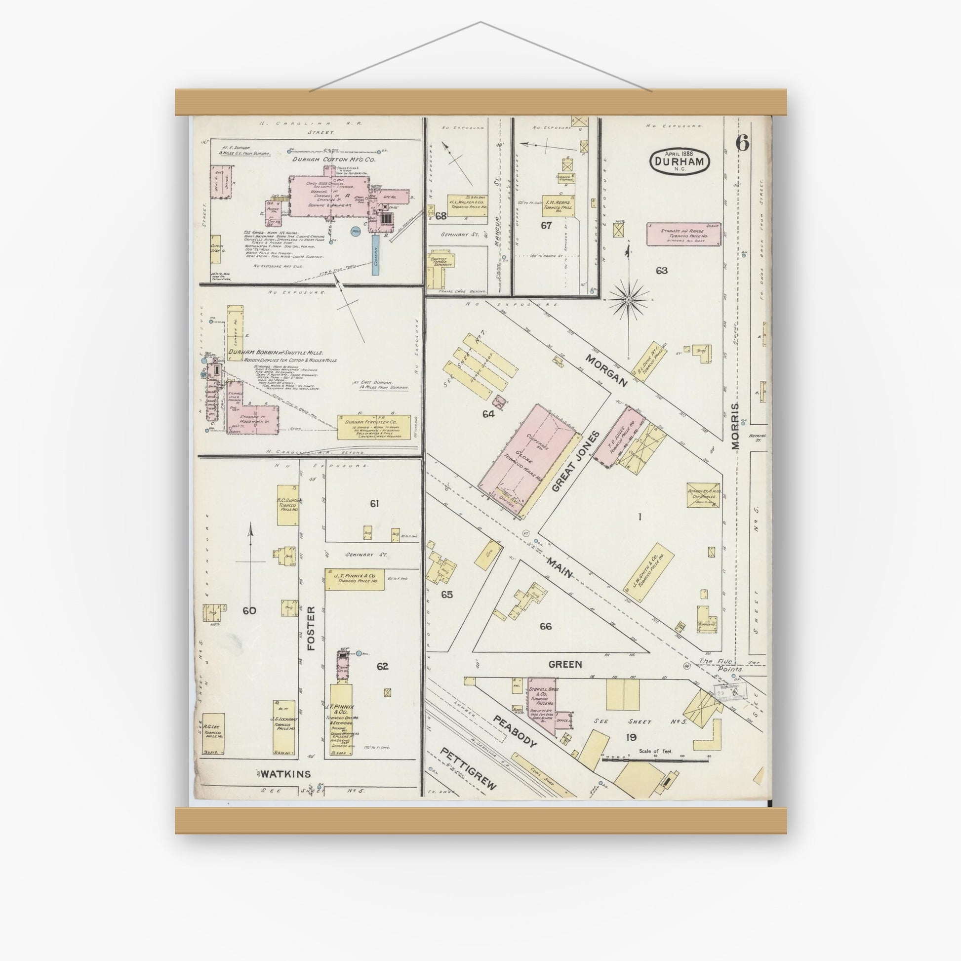 Old map wall art mockup — magnetic wood frame on white wall — Sanborn Fire Insurance Map from Durham, Durham County, North Carolina (1888), Sheet #0006