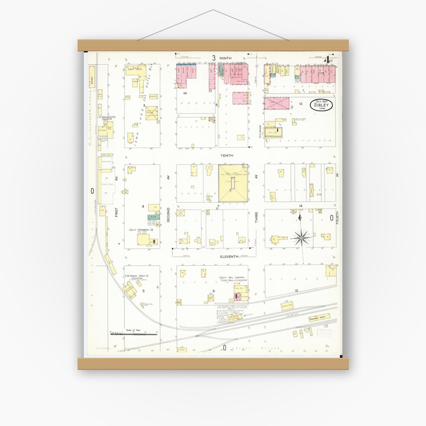 Old map wall art mockup — magnetic wood frame on white wall — Sanborn Fire Insurance Map from Sibley, Osceola County, Iowa (1907), Sheet #0004