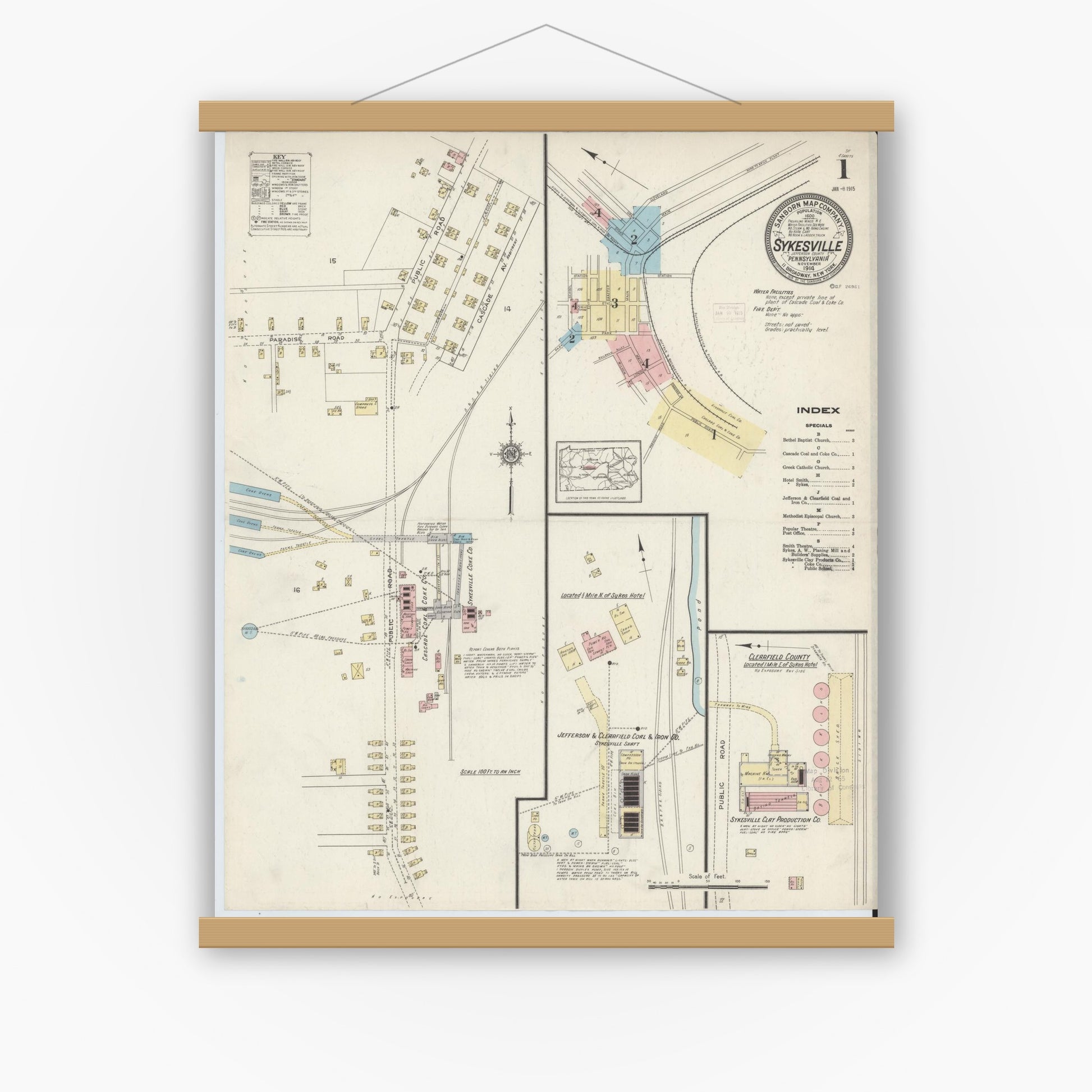 Old map wall art mockup — magnetic wood frame on white wall — Sanborn Fire Insurance Map from Sykesville, Jefferson County, Pennsylvania (1914) - Complete Map Set