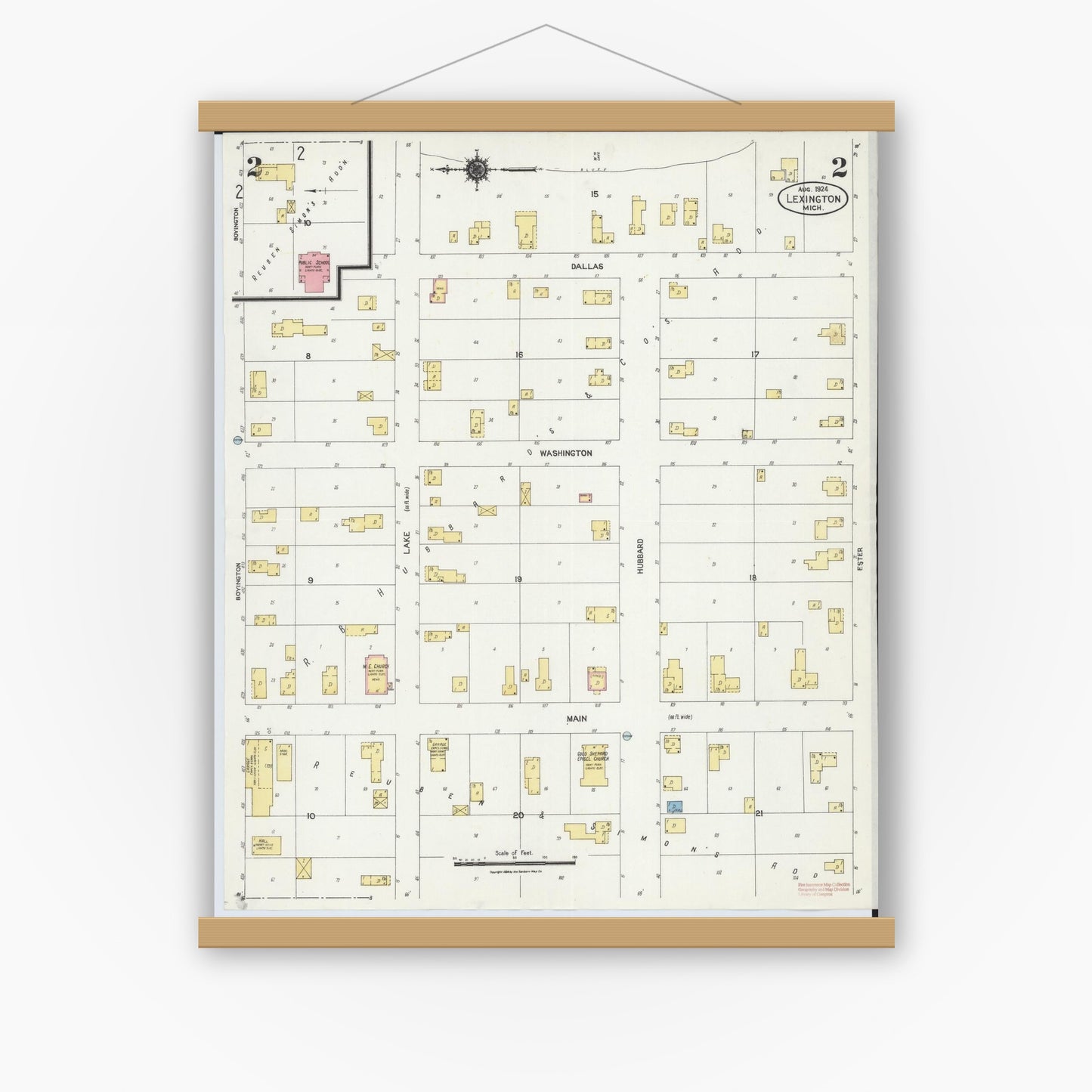 Old map wall art mockup — magnetic wood frame on white wall — Sanborn Fire Insurance Map from Lexington, Sanilac County, Michigan (1924), Sheet #0002