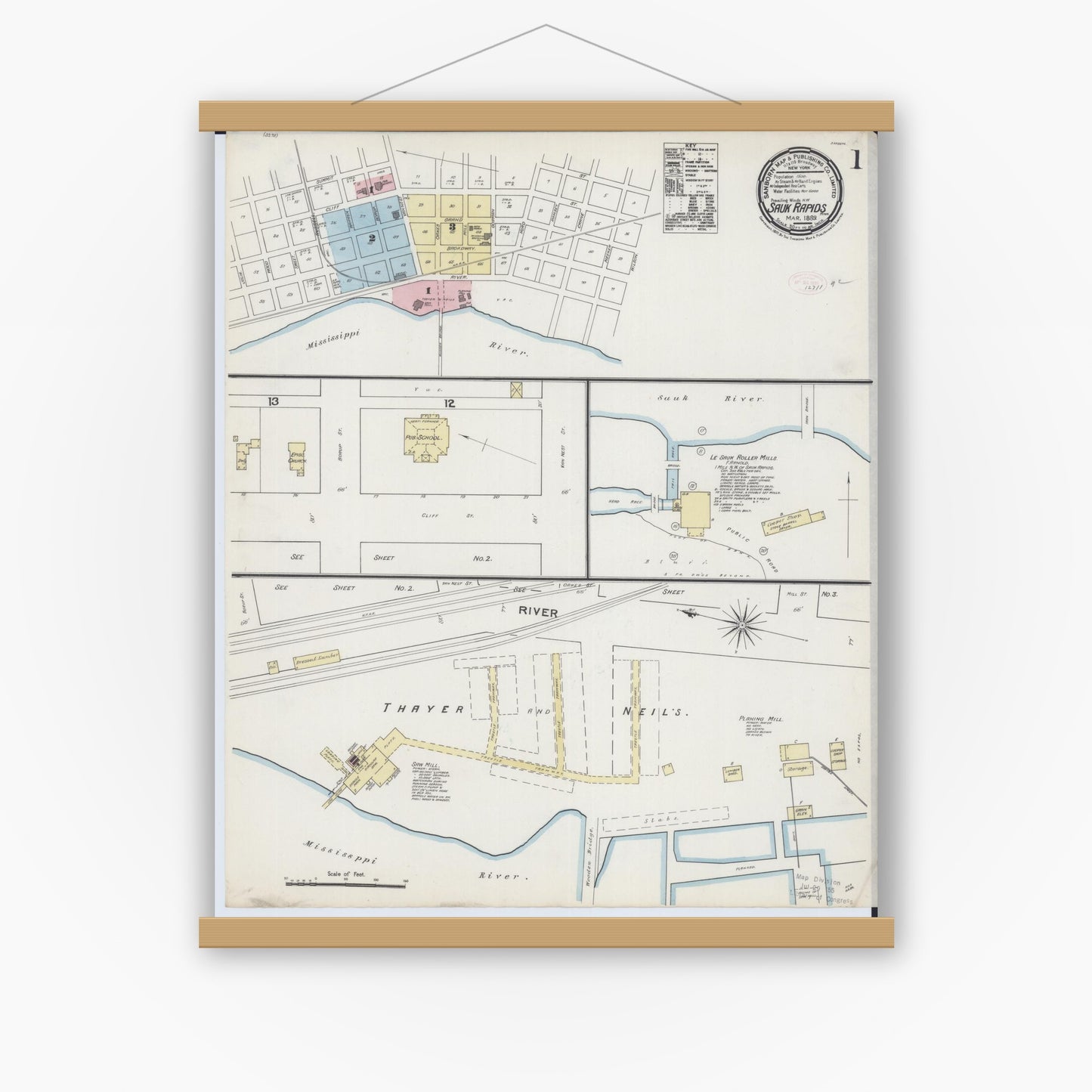 Old map wall art mockup — magnetic wood frame on white wall — Sanborn Fire Insurance Map from Sauk Rapids, Benton County, Minnesota (1889) - Complete Map Set