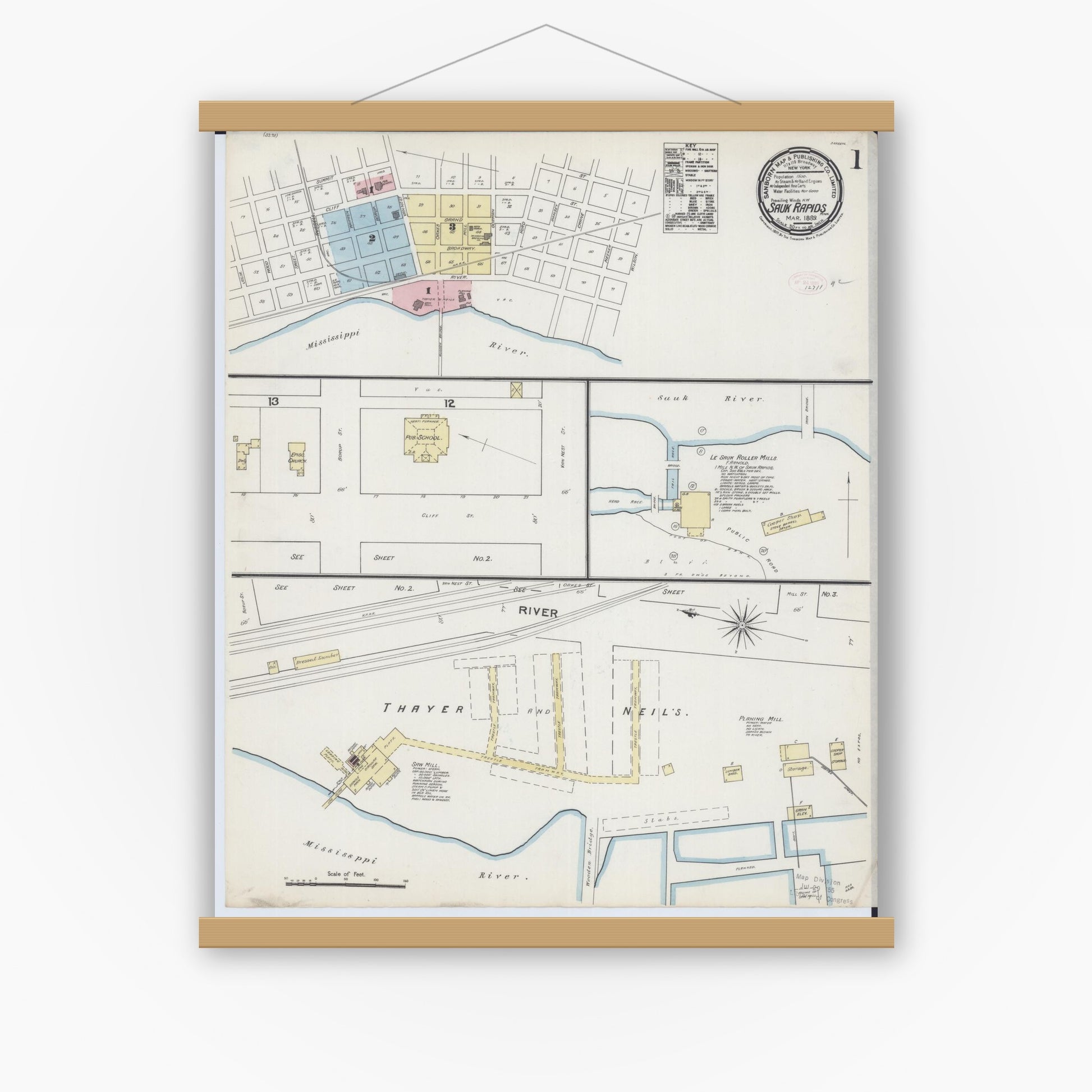 Old map wall art mockup — magnetic wood frame on white wall — Sanborn Fire Insurance Map from Sauk Rapids, Benton County, Minnesota (1889) - Complete Map Set