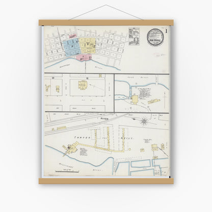 Old map wall art mockup — magnetic wood frame on white wall — Sanborn Fire Insurance Map from Sauk Rapids, Benton County, Minnesota (1889) - Complete Map Set