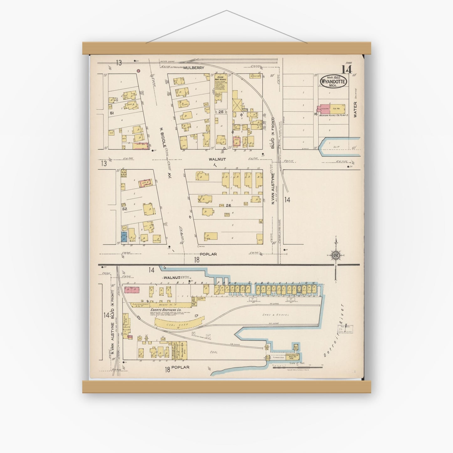 Old map wall art mockup — magnetic wood frame on white wall — Sanborn Fire Insurance Map from Wyandotte, Wayne County, Michigan (1922), Sheet #0014