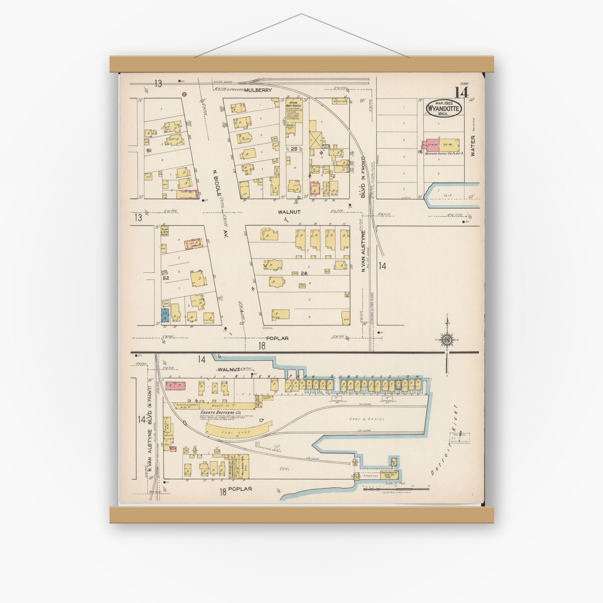 Old map wall art mockup — magnetic wood frame on white wall — Sanborn Fire Insurance Map from Wyandotte, Wayne County, Michigan (1922), Sheet #0014