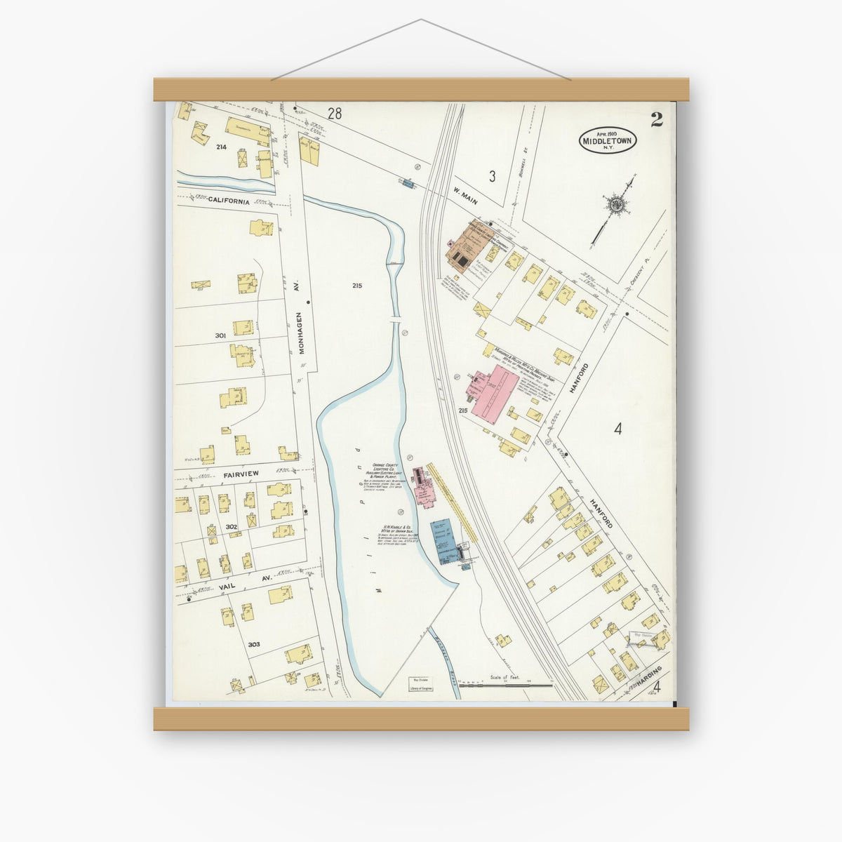 Old map wall art mockup — magnetic wood frame on white wall — Sanborn Fire Insurance Map from Middletown, Orange County, New York (1910) - Complete Map Set